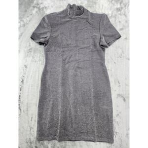 Vintage K.C. Spencer Dress Womens M Silver Metallic Mock Neck Short Sleeve‎ Zip